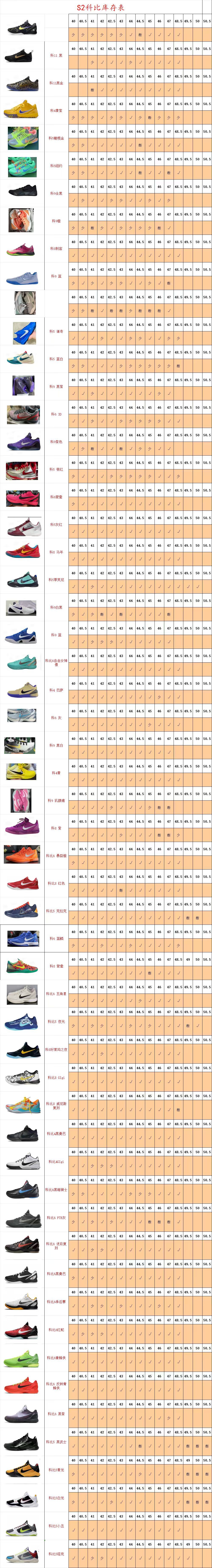 【S2 Batch】【8-17】【Kobe Stcok】 2 尺码库存表 / Size stock chart 2